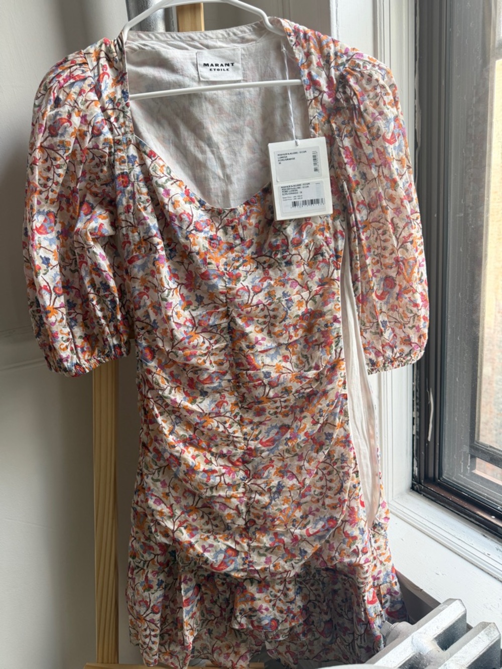 Isabel Marant Floral Puff-Sleeve Mini Dress in Cream, Pink, Orange